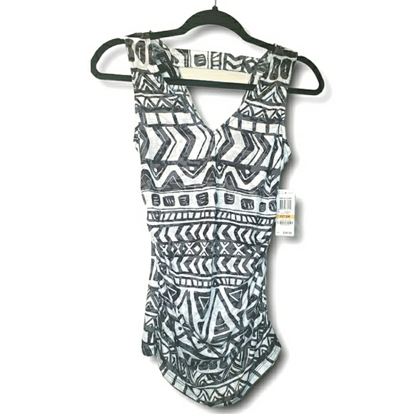 INC International Concepts Tribal Ruched Cut Out Back Black White Top SP - Picture 11 of 16